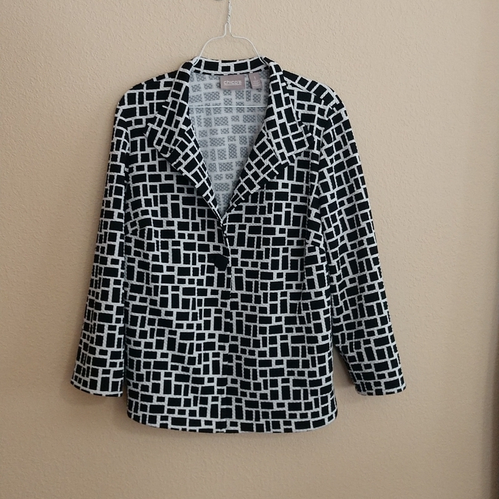 Chico's Black/White Print Jacket/Blazer Size 1 or US Size M